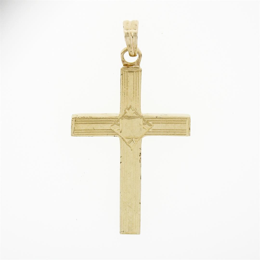 Petite Antique 14K Yellow Gold Hand Engraved Simple Puffed Square Cross Pendant