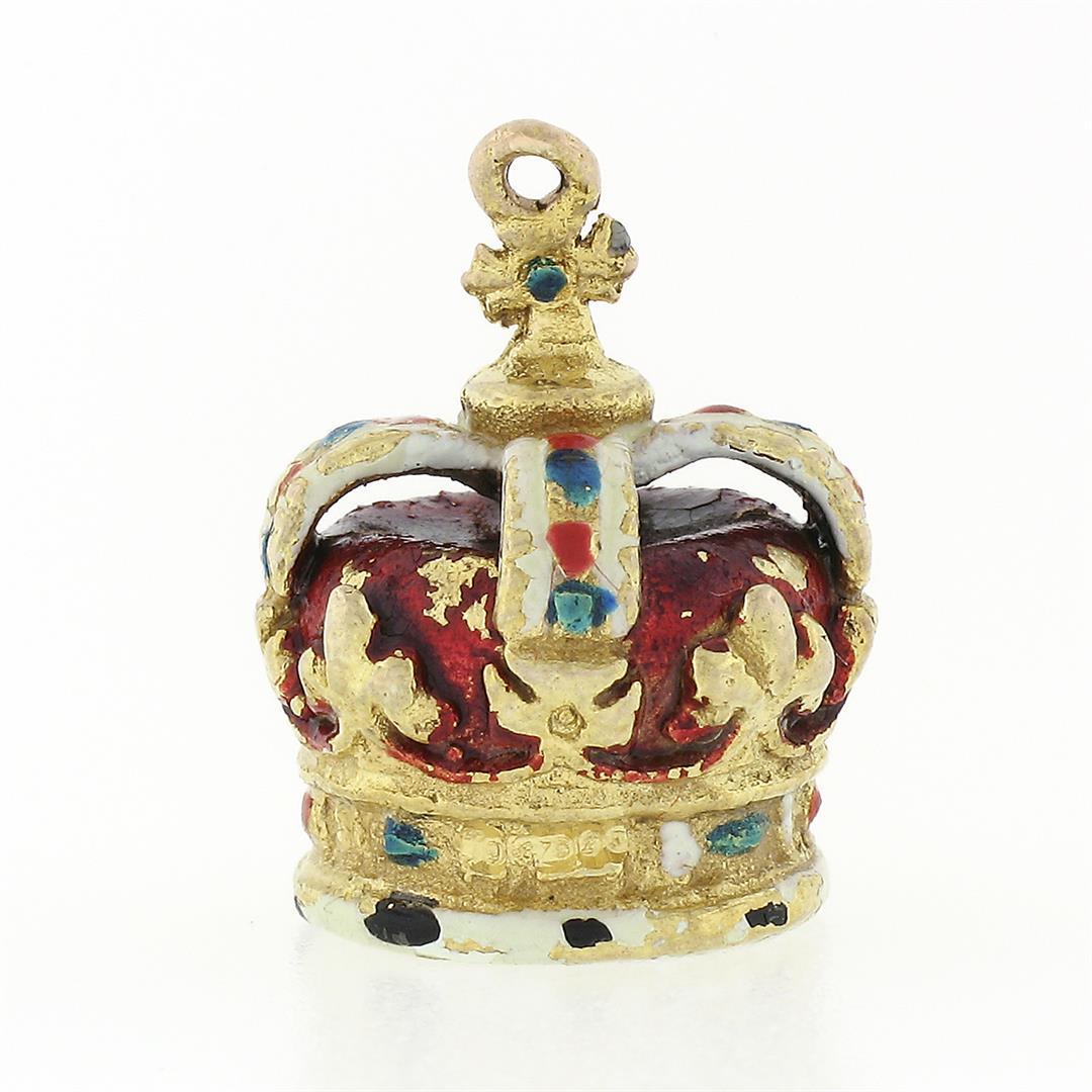 Vintage British 9K Gold Imperial State Crown w/ Multicolor Enamel Charm Pendant