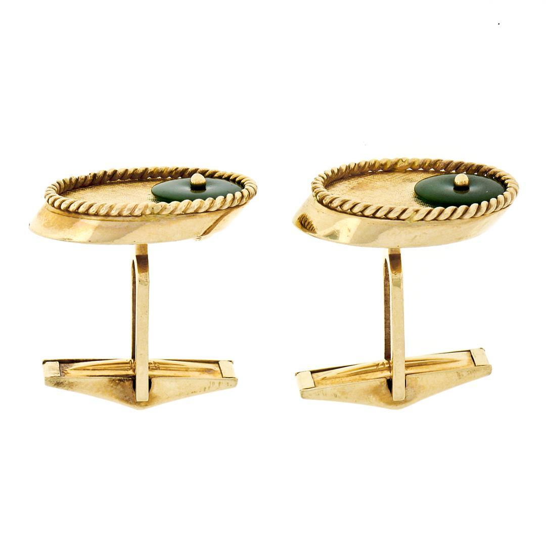 Vintage Men's 14K Yellow Gold Jade Disc Oval Florentine Twisted Wire Cufflinks