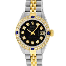 Rolex Ladies Two Tone 18K Yellow Gold And Steel Black Diamond And Sapphire Quick