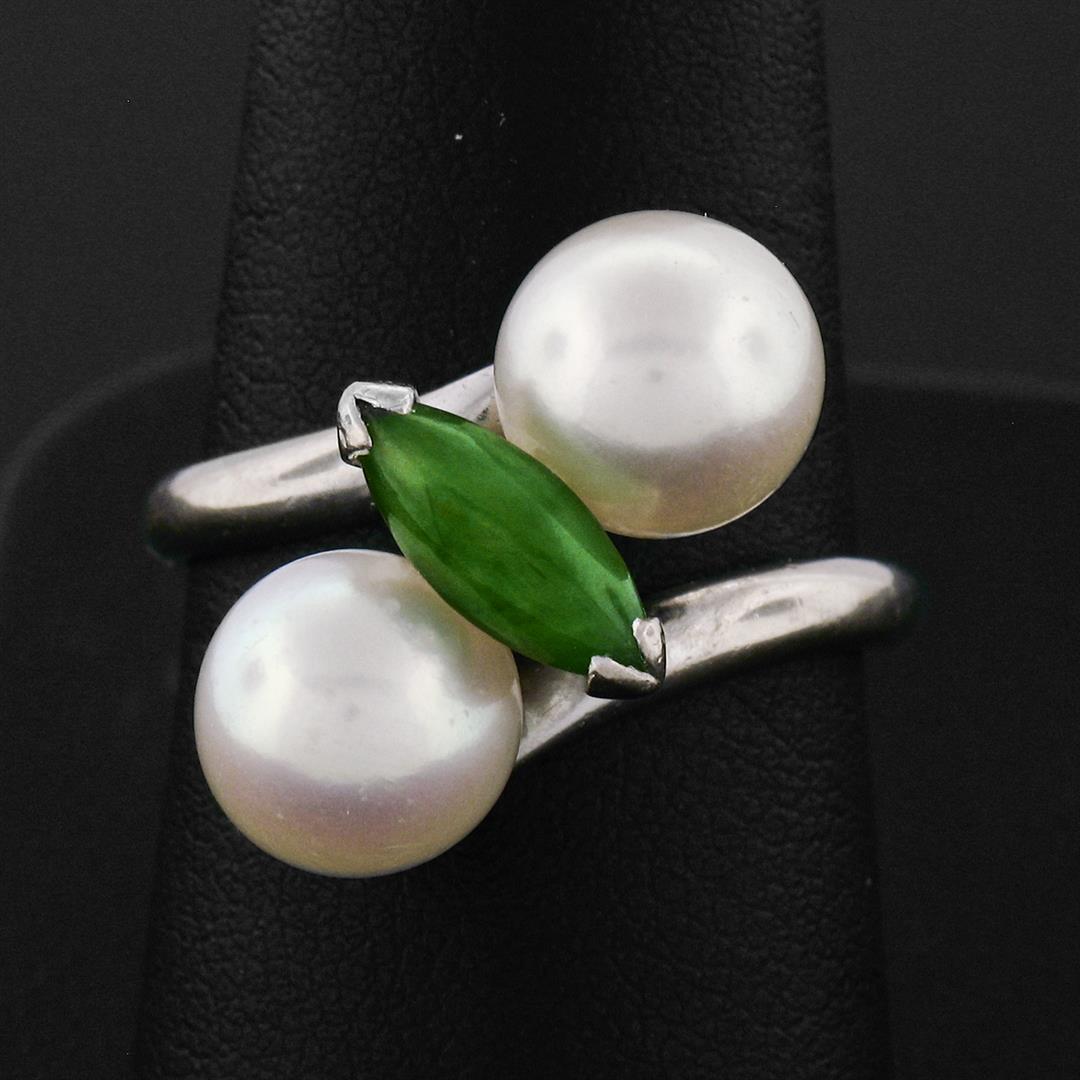 Vintage 14k White Gold 8.35mm Round Pearl Marquise Cut Jade Bypass Ring
