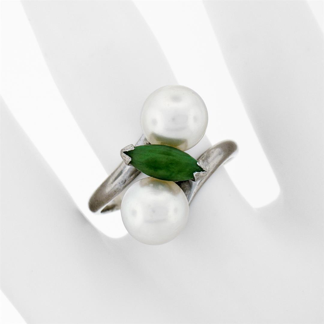 Vintage 14k White Gold 8.35mm Round Pearl Marquise Cut Jade Bypass Ring