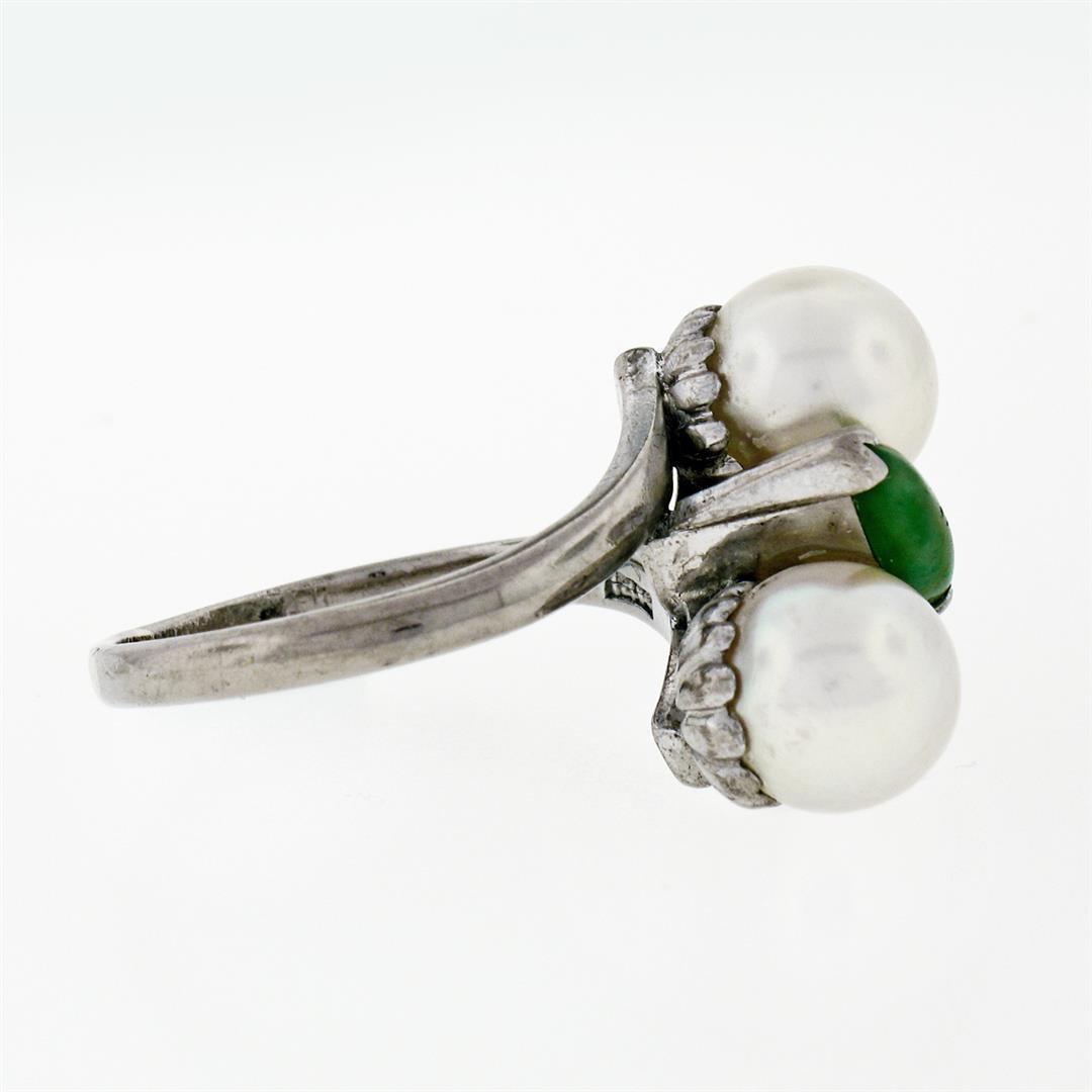 Vintage 14k White Gold 8.35mm Round Pearl Marquise Cut Jade Bypass Ring