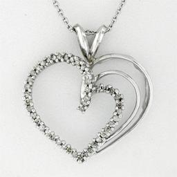 14K White Gold 0.50 ctw Double Diamond Open Heart Swirl Pendant & 20" Cable Chai