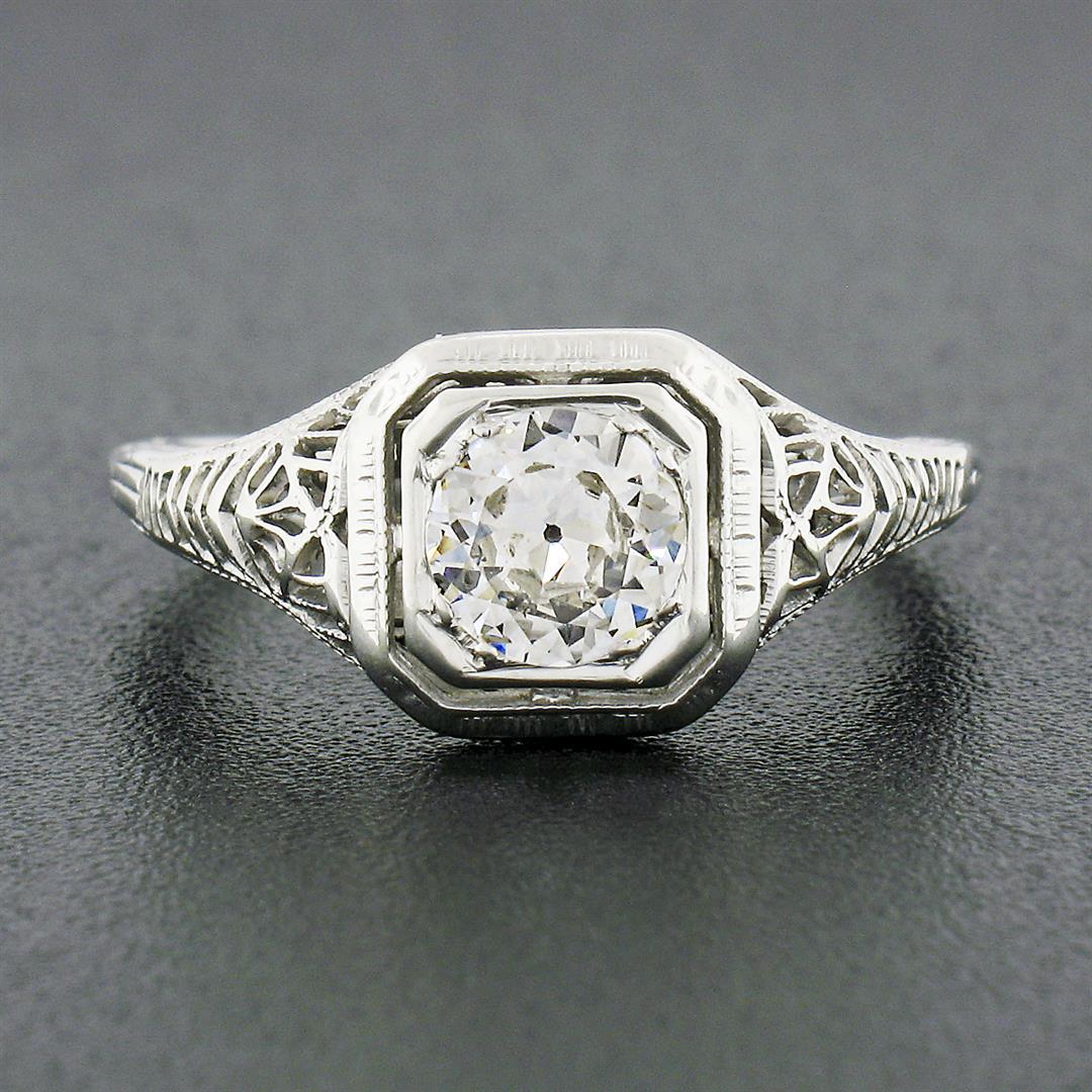 Antique Art Deco 18k Gold European Diamond Solitaire w/ Filigree Engagement Ring