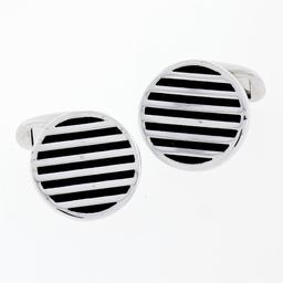 NEW Men's Round 14K White Gold Black Onyx Ribbed Circle Disc Swivel Cuff Links