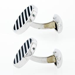 NEW Men's Round 14K White Gold Black Onyx Ribbed Circle Disc Swivel Cuff Links