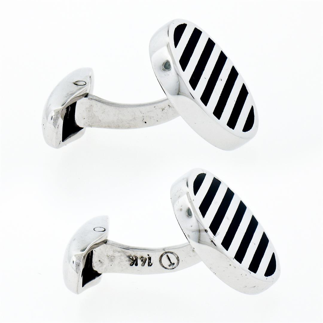 NEW Men's Round 14K White Gold Black Onyx Ribbed Circle Disc Swivel Cuff Links