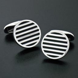 NEW Men's Round 14K White Gold Black Onyx Ribbed Circle Disc Swivel Cuff Links