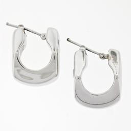 Unique Italian 14K White Gold Puffed Geometric High Polished Snap Huggie Earring