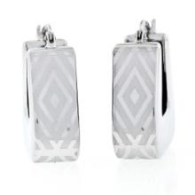 New Italian 14K White Gold Dual Finished Marquise Pattern Huggie Snap Earrings