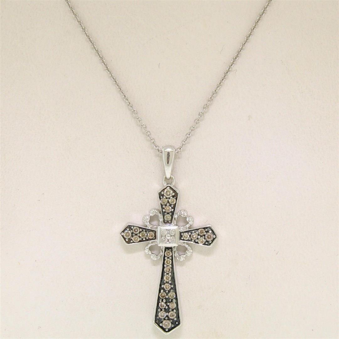 14k White Gold .70 ctw Fancy Brown Diamonds on Black Cross Pendant w/ 18" Chain