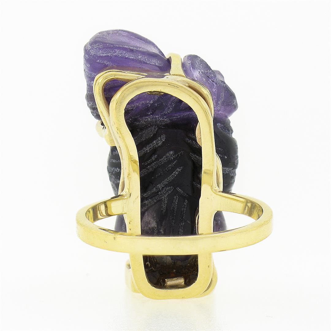 Vintage 14k Gold Carved Amethyst 3D Lady Face Head Cameo Ring Open Work Setting