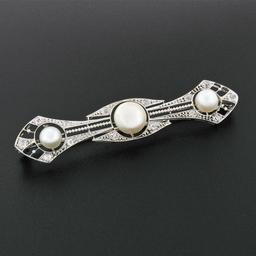 Antique Art Deco Black Starr Frost Platinum GIA Natural Pearl & Diamond Bar Pin