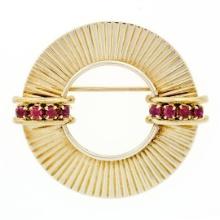 Retro Vintage 14k Yellow Gold 0.64 ctw Round Ruby Fluted Circle Wreath Brooch Pi