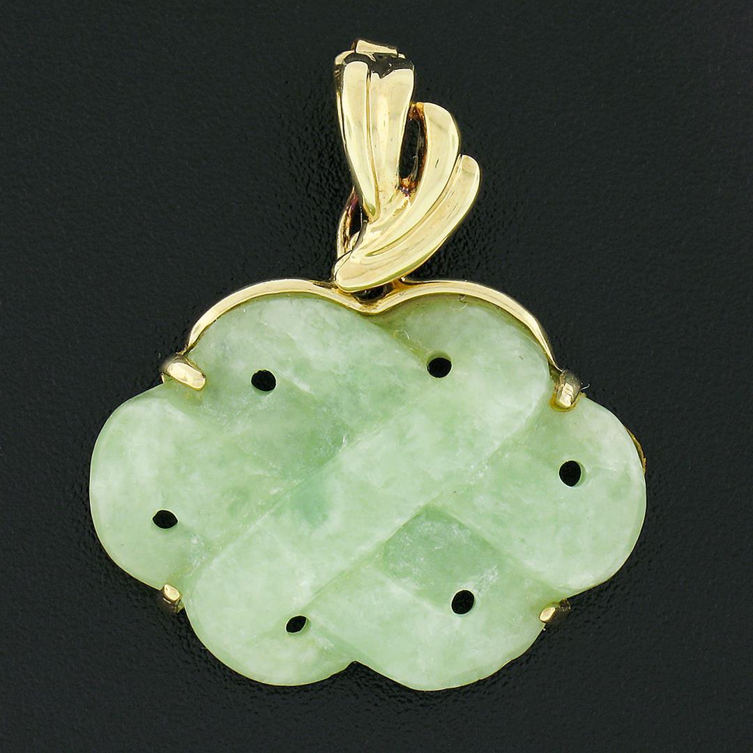 Hong Kong 14k Yellow Gold Carved Pierced Light Green Jade Overlap Design Pendant