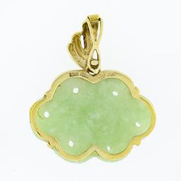 Hong Kong 14k Yellow Gold Carved Pierced Light Green Jade Overlap Design Pendant