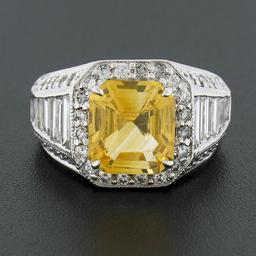 Vintage 18K White Gold 6.95 ctw GIA Orangy Yellow Sapphire & Diamond Cocktail Ri