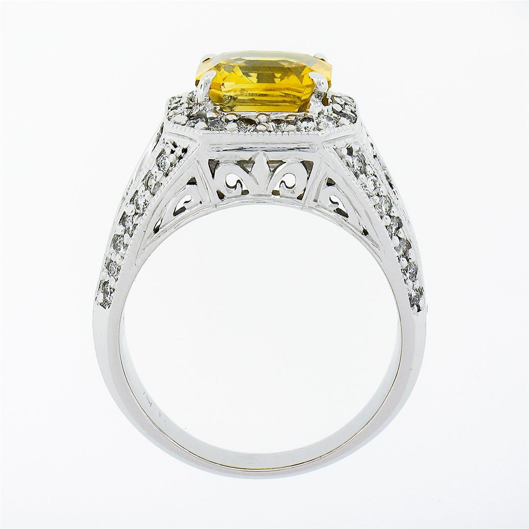 Vintage 18K White Gold 6.95 ctw GIA Orangy Yellow Sapphire & Diamond Cocktail Ri