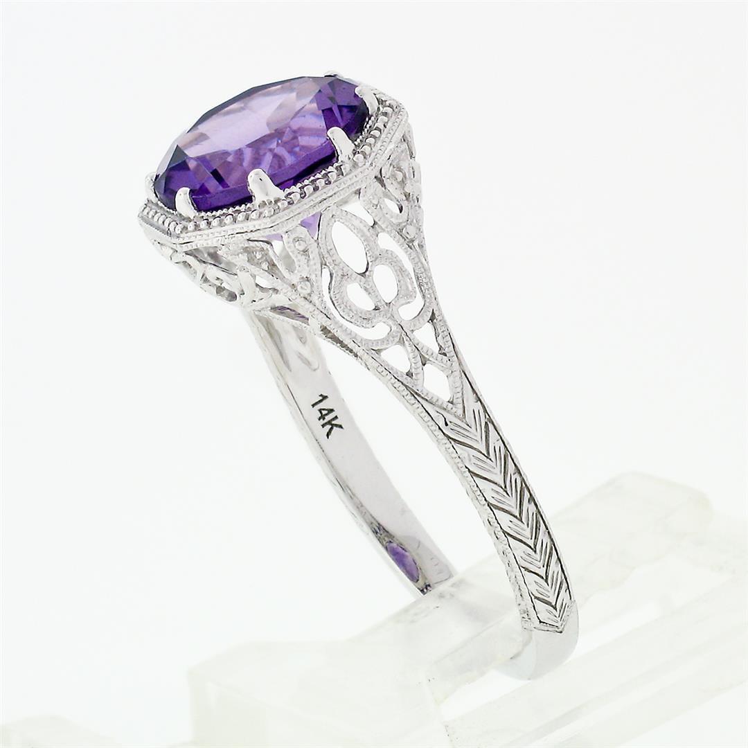 NEW 14k White Gold 1.85 ctw Fine Filigree & Milgrain Work Amethyst Solitaire Rin