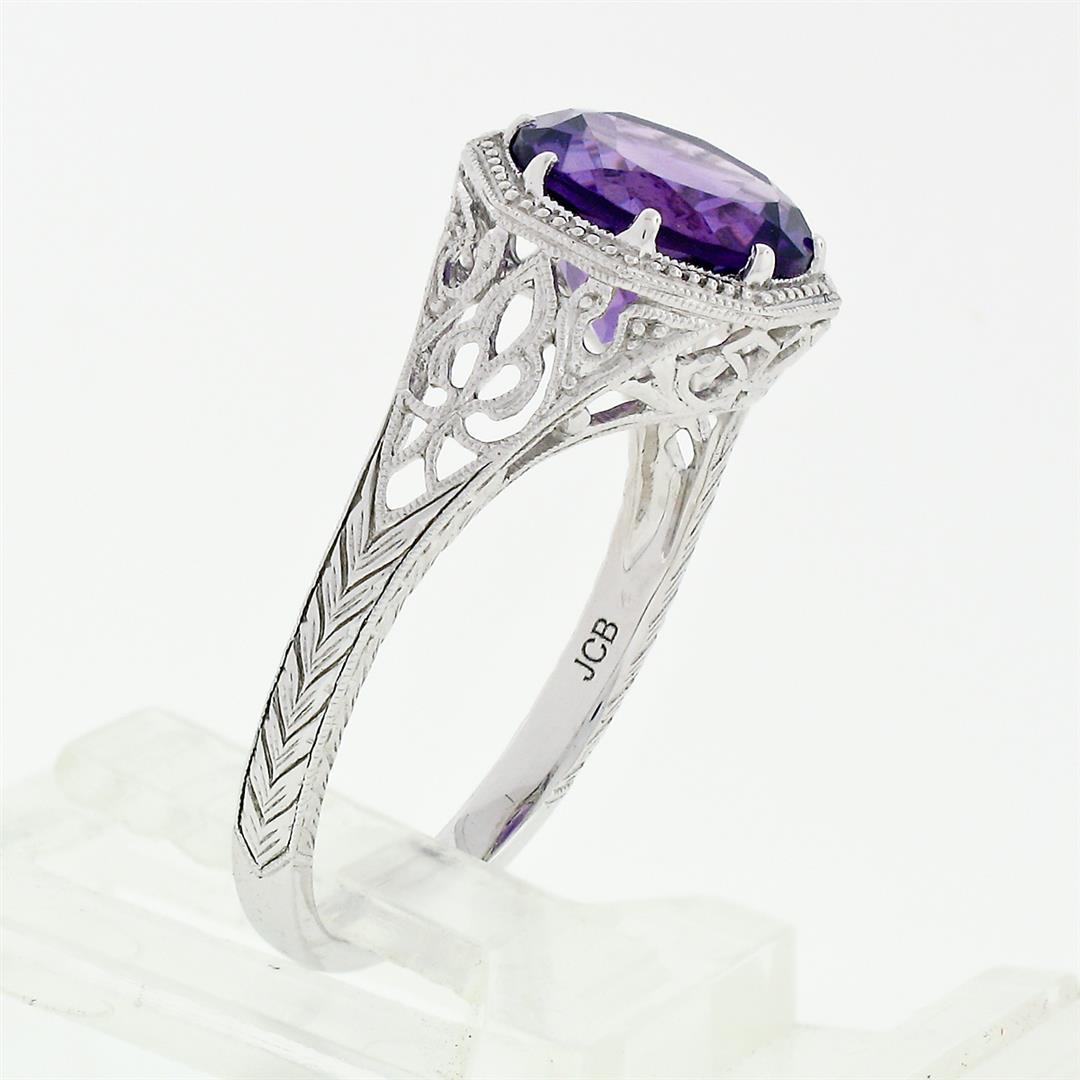 NEW 14k White Gold 1.85 ctw Fine Filigree & Milgrain Work Amethyst Solitaire Rin