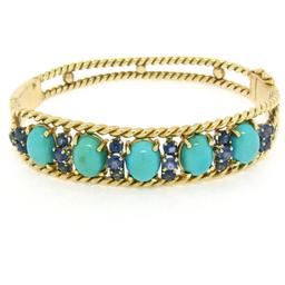 Vintage 14K Yellow Gold Sapphire & Turquoise Twisted Wire Open Bangle Bracelet