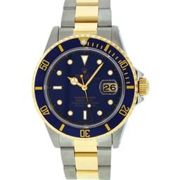 Rolex Mens Blue 18K Yellow Gold & Stainless Steel Oyster Band 40mm Submariner Wr