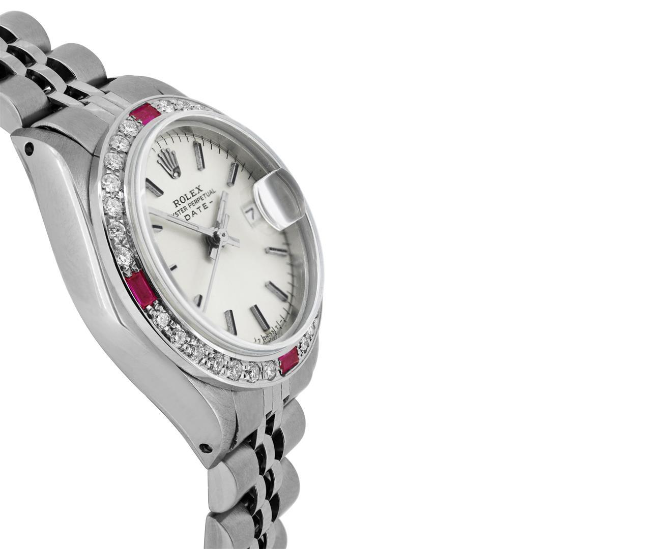 Rolex Ladies Stainless Steel Silver Index Diamond And Ruby Date Watch With Rolex