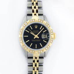 Rolex Ladies 2T Black Index Pyramid Bezel Wristwatch 26MM