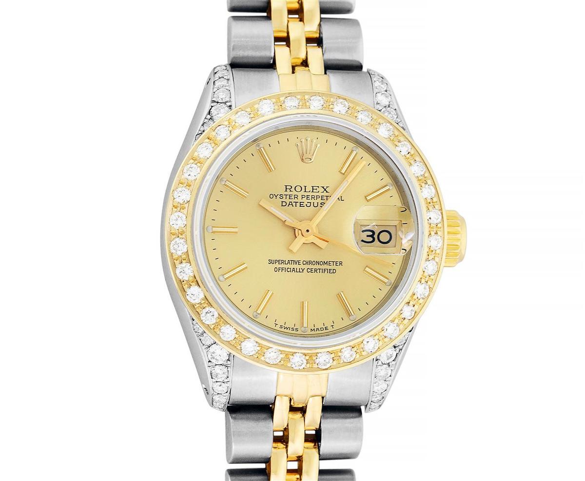 Rolex Ladies Quickset 18K Two Tone Champagne Index Yellow Gold Diamond Bezel Wri