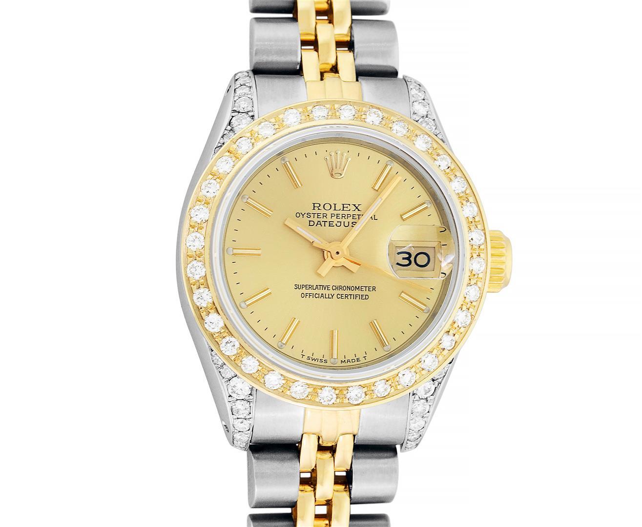 Rolex Ladies Quickset 18K Two Tone Champagne Index Yellow Gold Diamond Bezel Wri