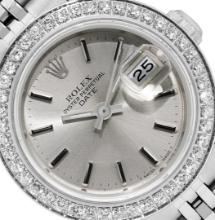 Rolex Ladies Quickset Stainless Steel Silver Index Diamond Bezel Date Watch