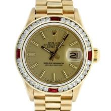 Rolex Ladies 18K Yellow Gold Ruby And Champagne Index President Wristwatch 26MM