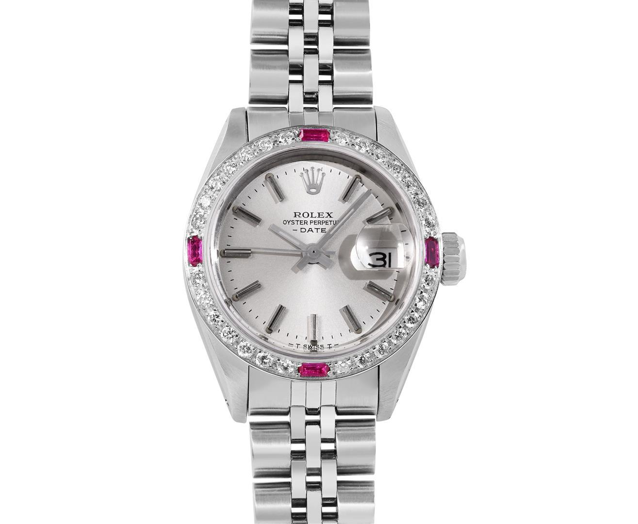 Rolex Ladies Stainless Steel Silver Index Dial 18K White Gold Diamond And Ruby B