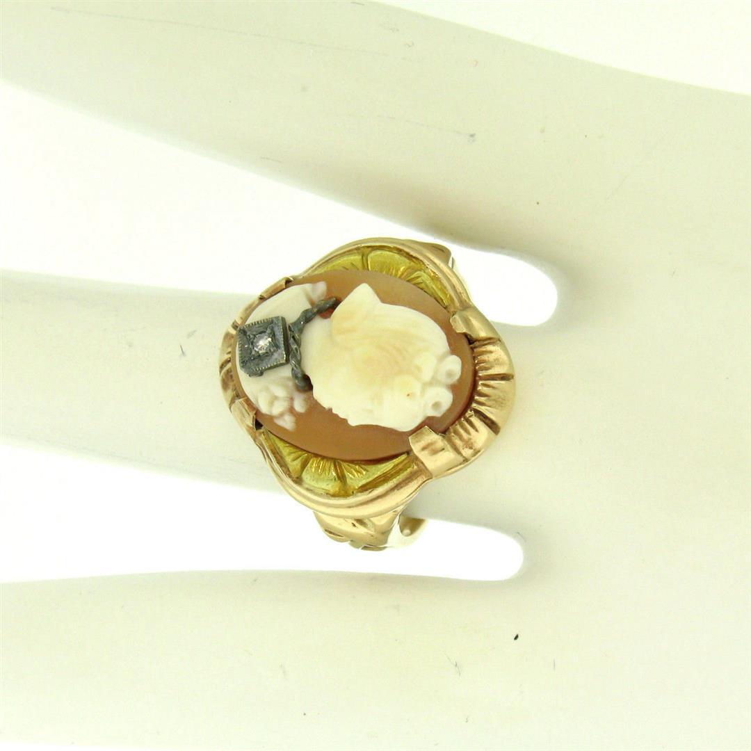 Antique 10k Rose and Green Gold Carved Cameo and Diamond Ring