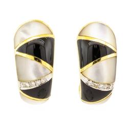 0.10 ctw Diamond, Onyx, and Mother of Pearl Earrings - 18KT Yellow Gold