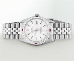 Rolex Mens Stainless Steel Silver Index 18K White Gold Diamond & Ruby Bezel 36MM