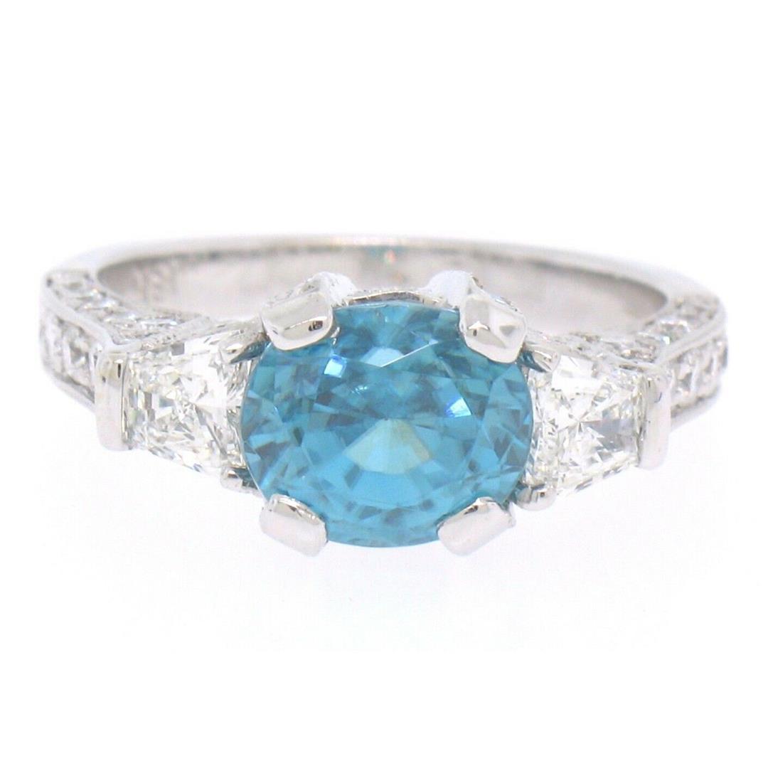 NEW 18k White Gold 3.91 ctw Oval Brilliant Blue Zircon Diamond Accents Ring Sz 6