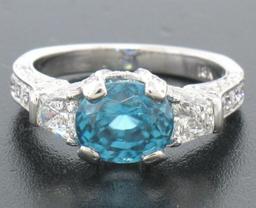 NEW 18k White Gold 3.91 ctw Oval Brilliant Blue Zircon Diamond Accents Ring Sz 6