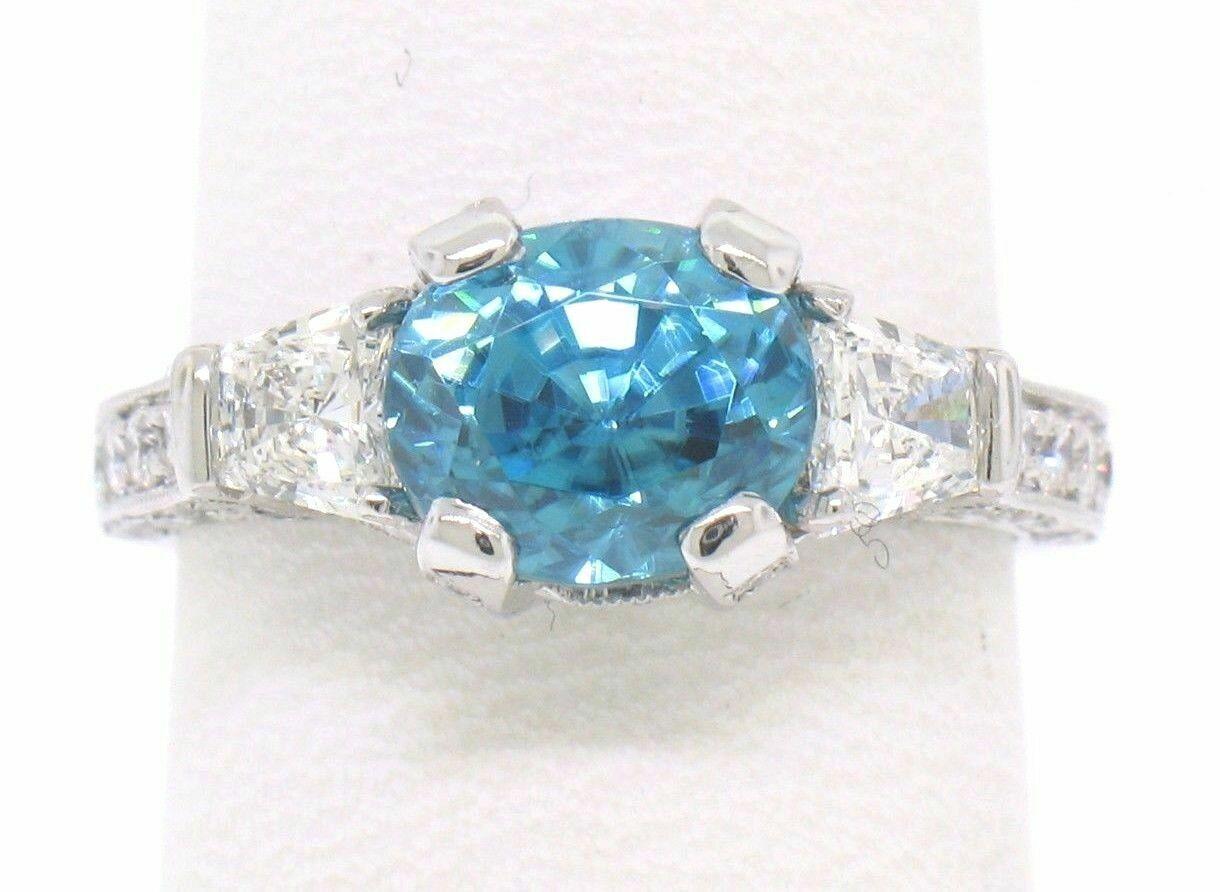 NEW 18k White Gold 3.91 ctw Oval Brilliant Blue Zircon Diamond Accents Ring Sz 6