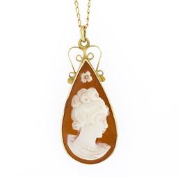 Vintage 14k Gold Tear Drop Bezel Carved Shell Cameo Pendant 16" Curb Link Chain