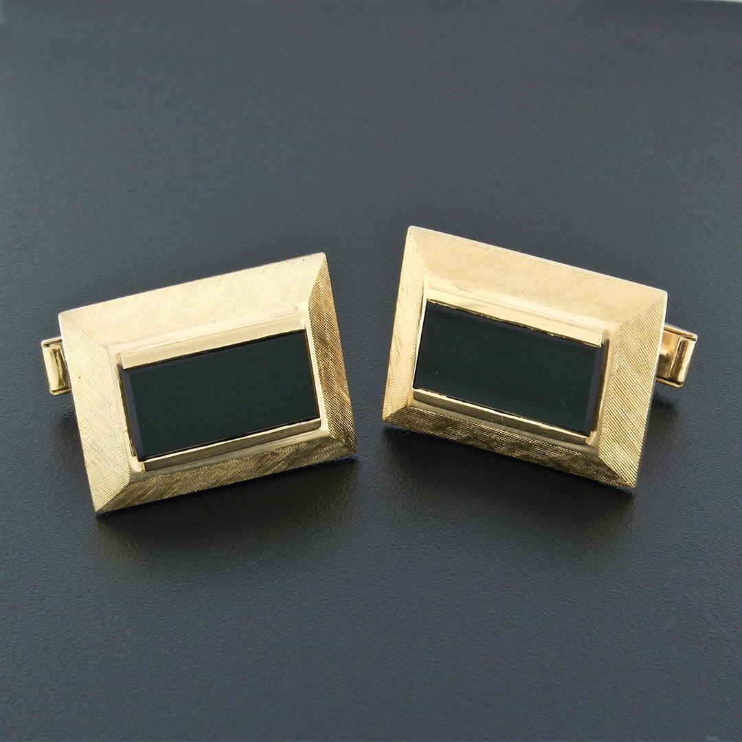 Large Vintage 14k Yellow Gold Flat Rectangular Black Onyx Florentine Cuff Links