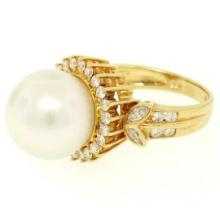 18K Yellow Gold LARGE 13.3mm South Sea Pearl Ring w/ Marquise & Round Diamonds