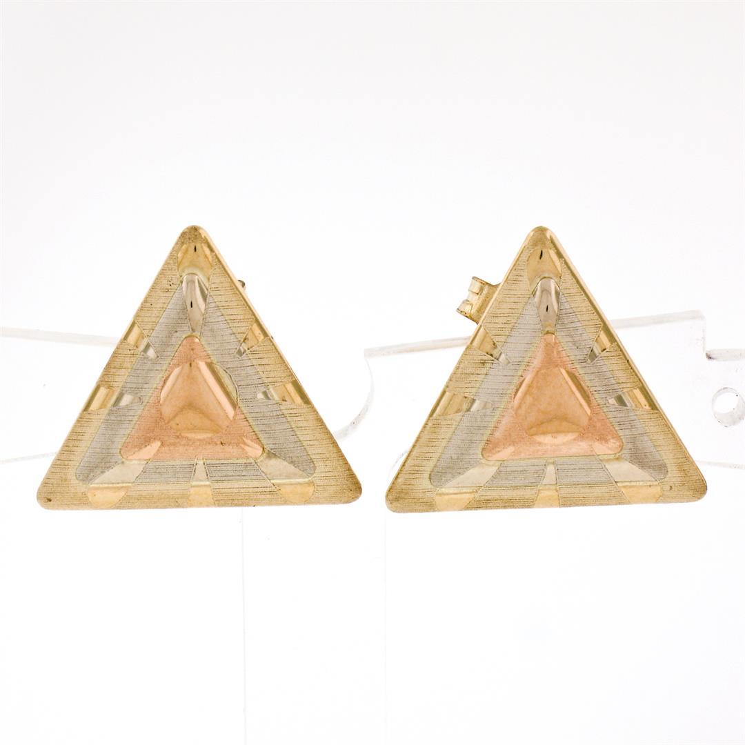 14K Tri Color Gold Dual Finished Patterned Tiered Triangle Stud Post Earrings