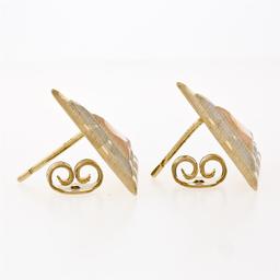 14K Tri Color Gold Dual Finished Patterned Tiered Triangle Stud Post Earrings