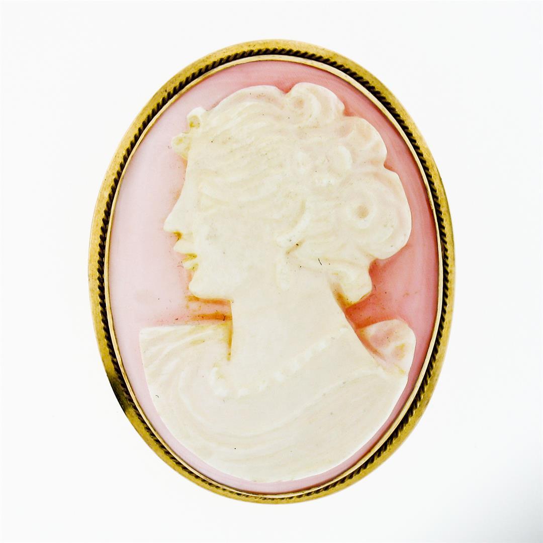 Antique 18K Yellow Gold Carved Oval Angel Skin Coral Cameo Brooch Pin Pendant