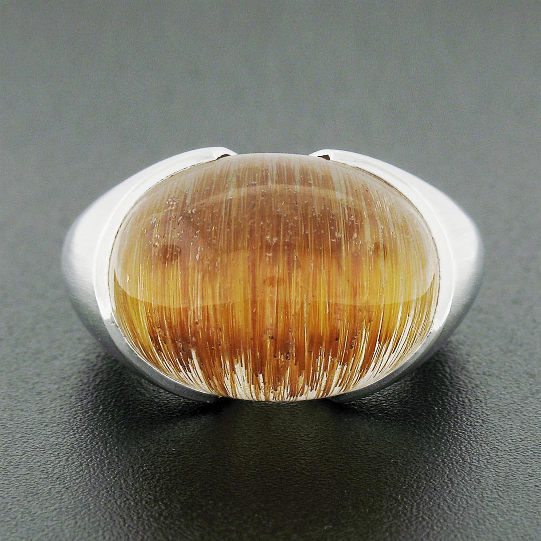 18K Gold Oval Half Bezel Rutilated Quartz Solitaire Brushed Finish Cocktail Ring