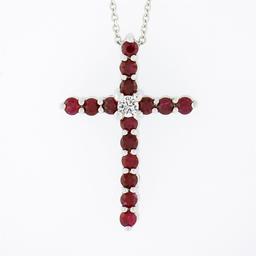 NEW 14K White Gold 1.70 ctw Round Ruby & Diamond Cross Pendant Chain Necklace