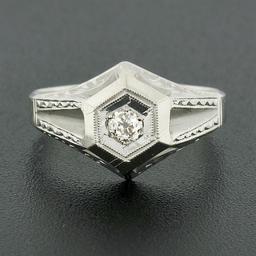 Vintage 18k Gold Diamond Solitaire Matte & Polished Hand Engraved Hexagon Ring