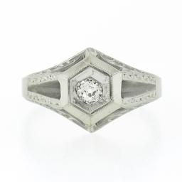 Vintage 18k Gold Diamond Solitaire Matte & Polished Hand Engraved Hexagon Ring